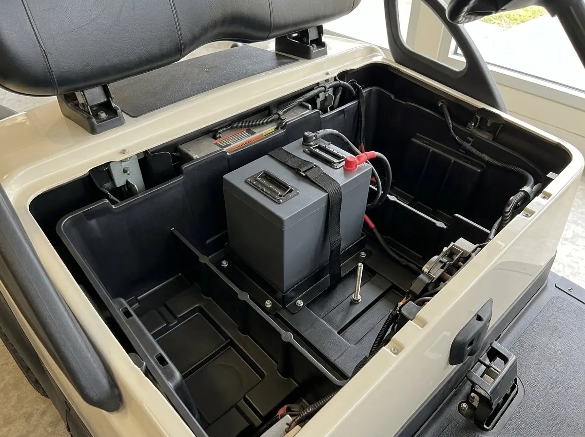 Battery compartment of a Club Car with a lithium pack in the molded bucket